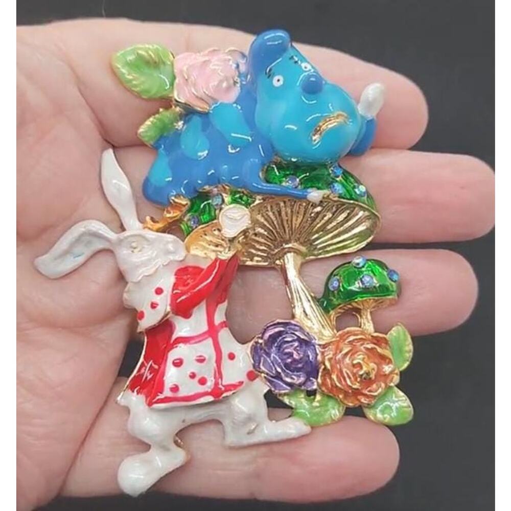 Alice in Wonderland White Rabbit Caterpillar Mushroom Brooch Rhinestone Enamel